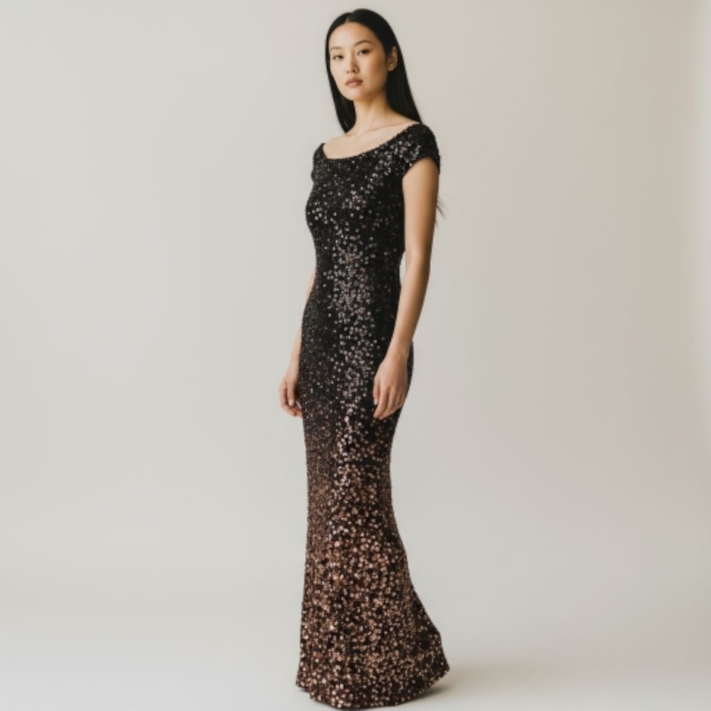 Y2K Premier Amour Black Gold Full Sequin Off The Shoulder Form Fitting Dress